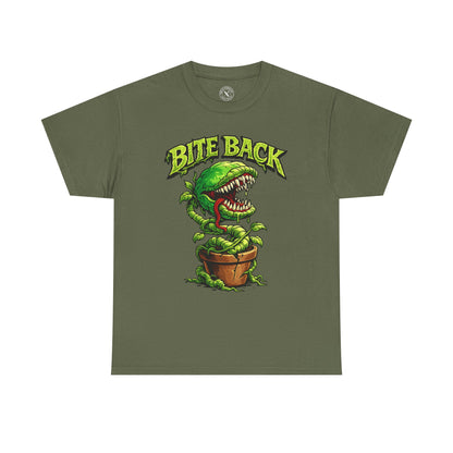 Olive green Bite Back graphic t-shirt featuring a fierce carnivorous plant design by Ink & Thread UK