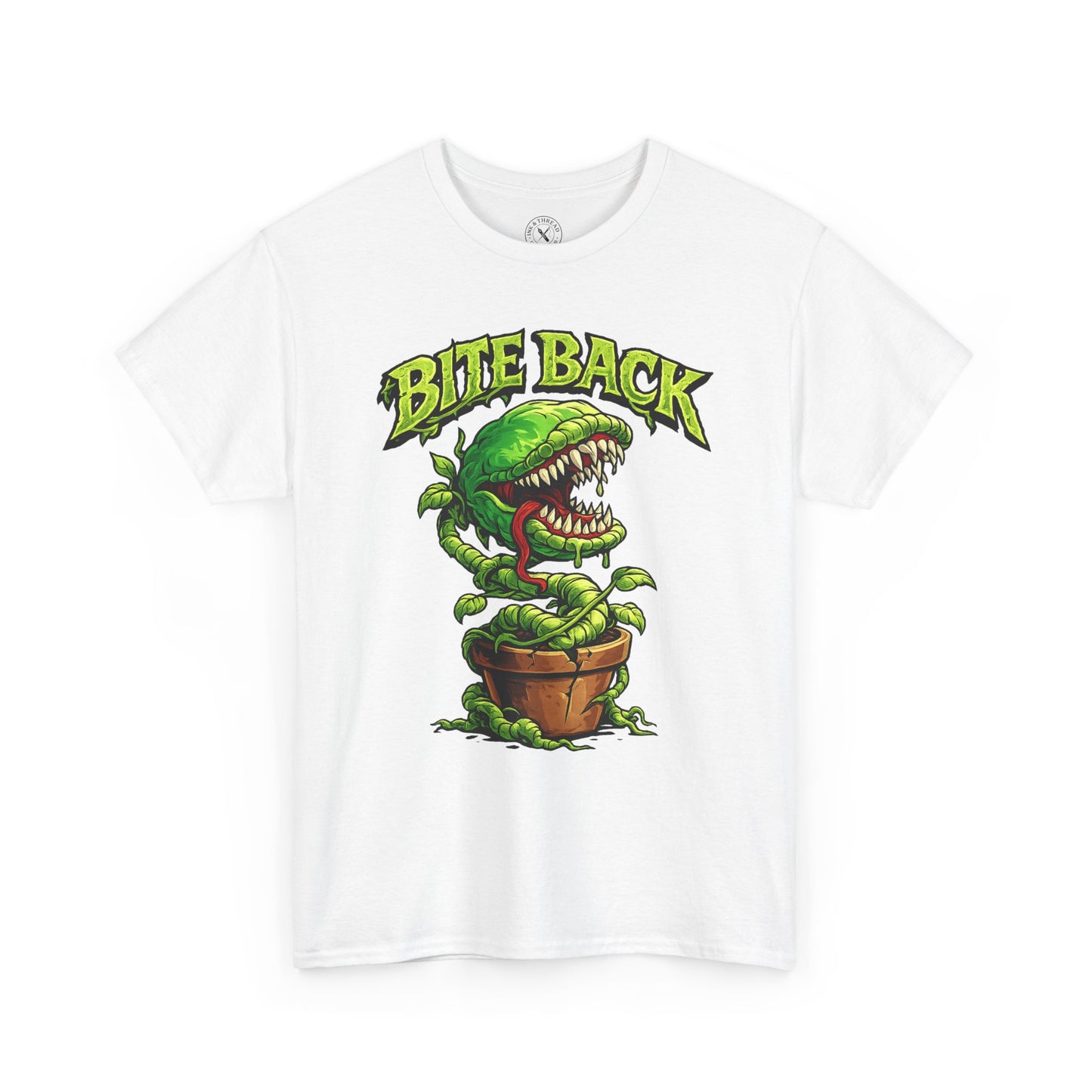 White Bite Back graphic t-shirt featuring a fierce carnivorous plant design by Ink & Thread UK