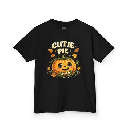 Black t-shirt featuring a cute smiling pumpkin with Cutie Pie Halloween graphic print