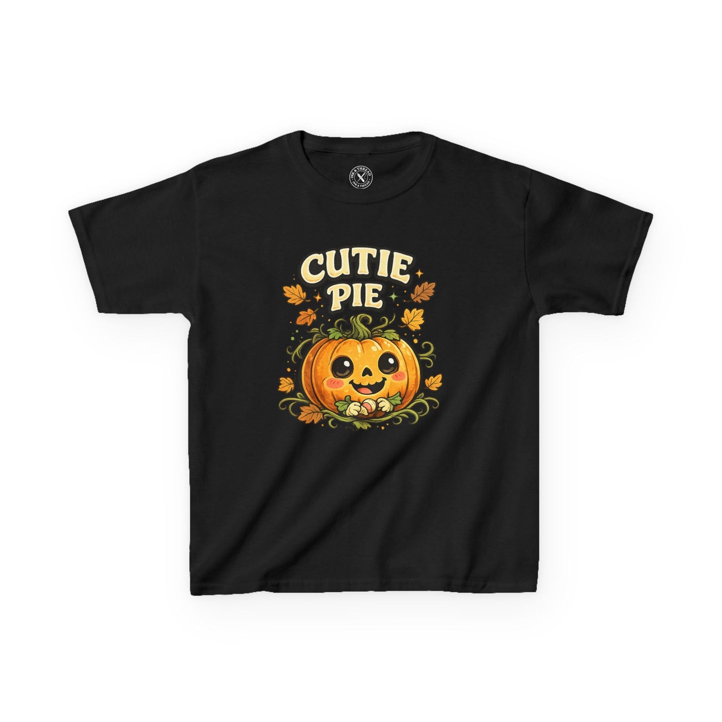 Black kids t-shirt featuring a cute smiling pumpkin with Cutie Pie Halloween graphic print