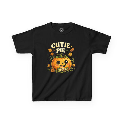 Black kids t-shirt featuring a cute smiling pumpkin with Cutie Pie Halloween graphic print