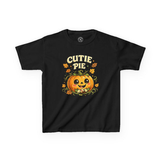 Black kids t-shirt featuring a cute smiling pumpkin with Cutie Pie Halloween graphic print