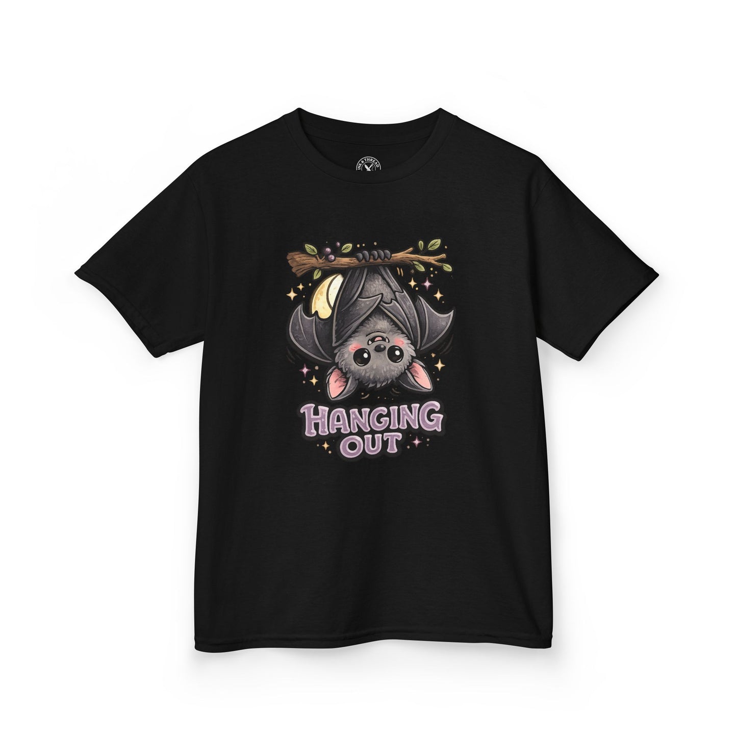 Black t-shirt featuring a cute bat hanging upside down with Hanging Out graphic print