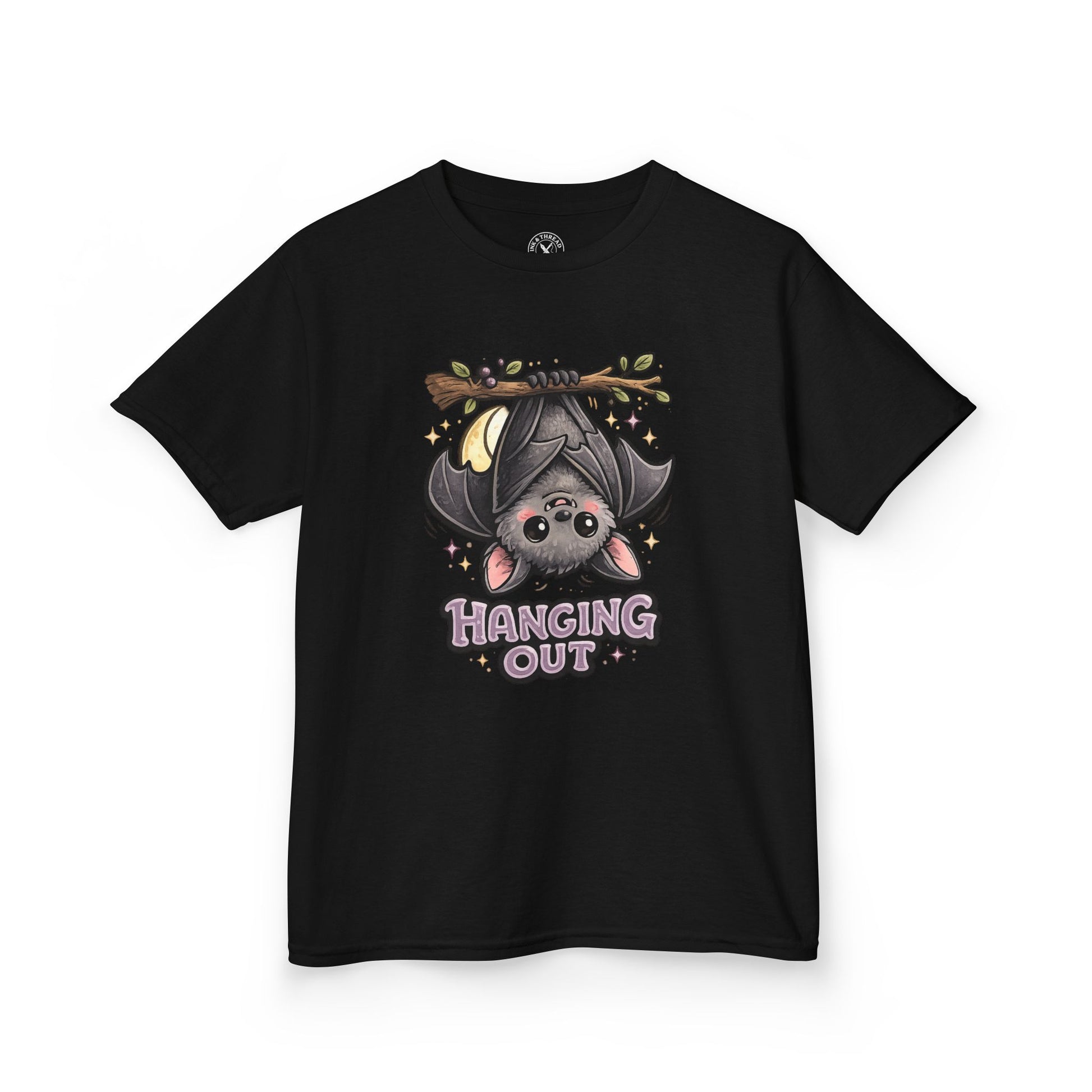 Black t-shirt featuring a cute bat hanging upside down with Hanging Out graphic print