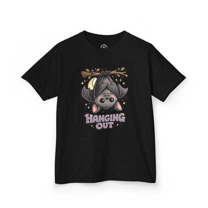 Black t-shirt featuring a cute bat hanging upside down with Hanging Out graphic print