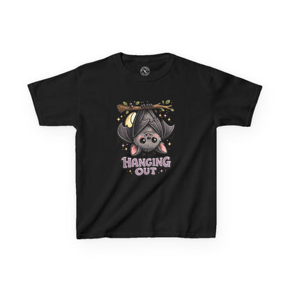 Black kids t-shirt featuring a cute bat hanging upside down with Hanging Out graphic print