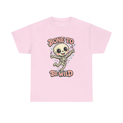 Bone to Be Wild Skeleton Halloween T-Shirt in Pink - Dancing Skeleton Cute Unisex Tee