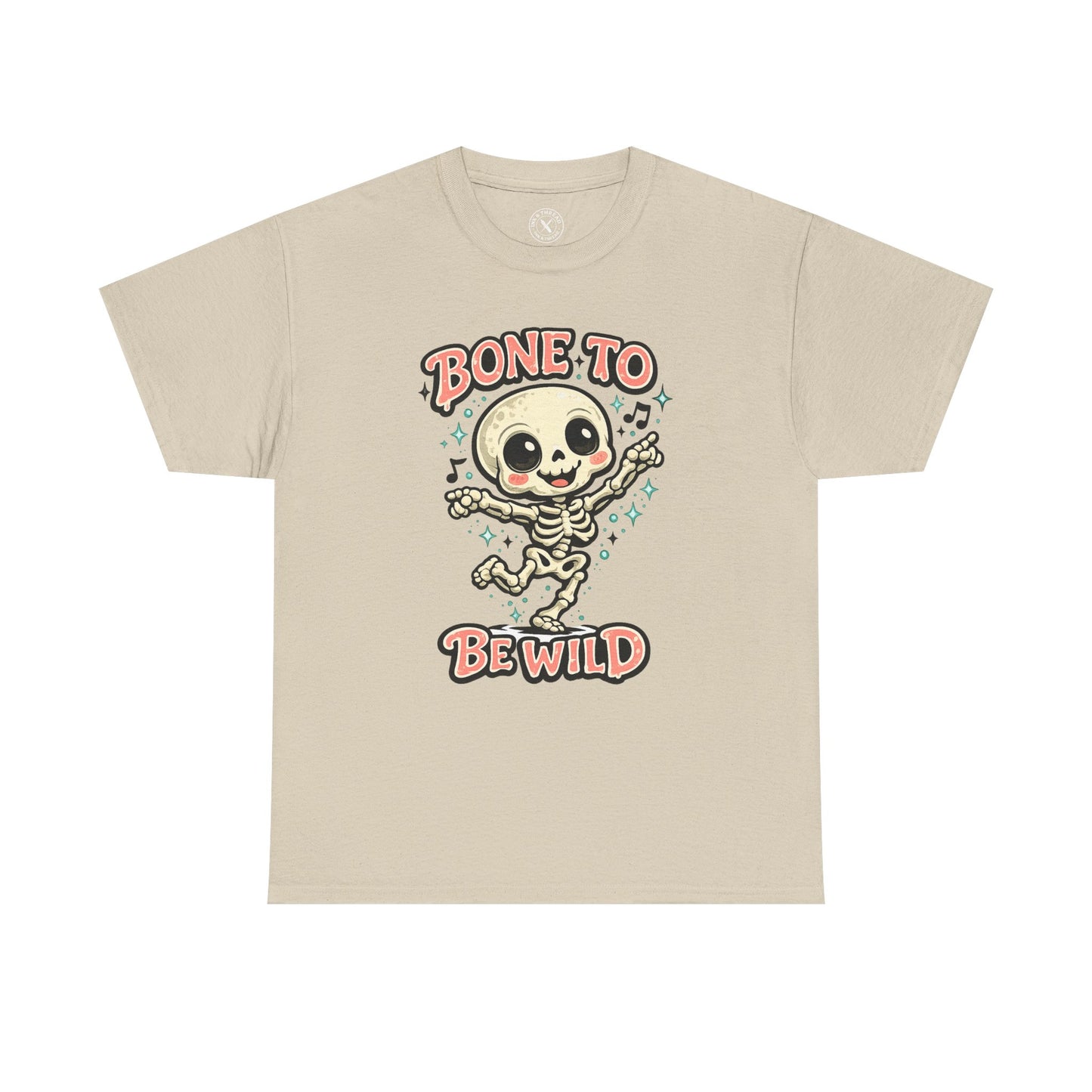 Bone to Be Wild Skeleton Halloween T-Shirt in Sand Beige - Dancing Skeleton Cute Unisex Tee