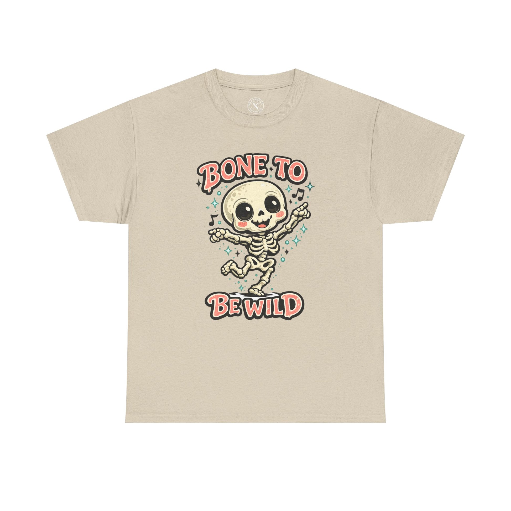 Bone to Be Wild Skeleton Halloween T-Shirt in Sand Beige - Dancing Skeleton Cute Unisex Tee