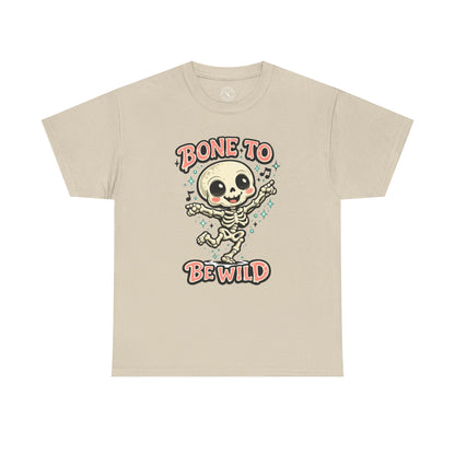 Bone to Be Wild Skeleton Halloween T-Shirt in Sand Beige - Dancing Skeleton Cute Unisex Tee