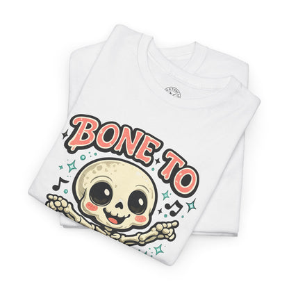 Bone to Be Wild Skeleton Halloween T-Shirt in White - Folded View with Dancing Skeleton Design