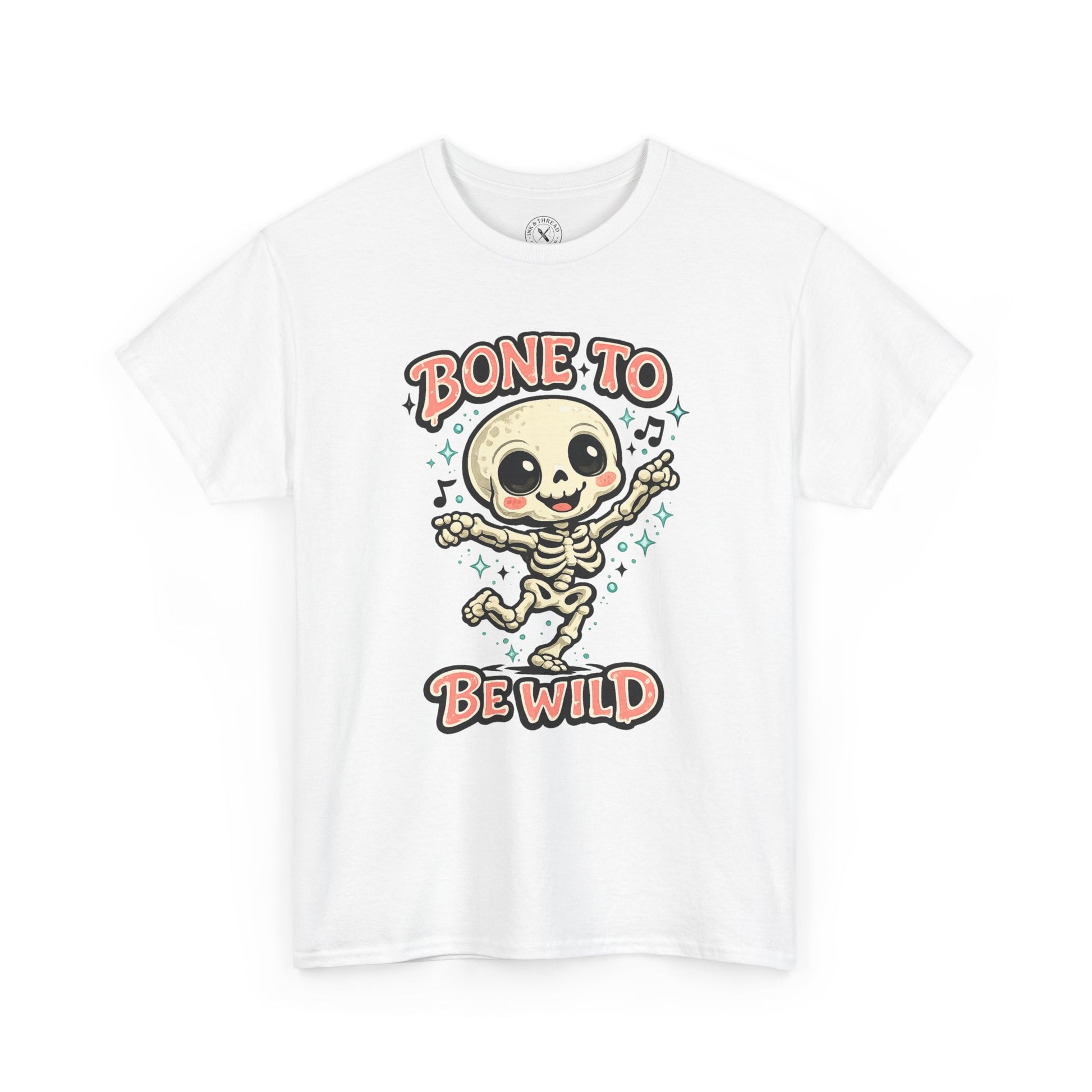 Bone to Be Wild Skeleton Halloween T-Shirt in White - Dancing Skeleton Cute Unisex Tee