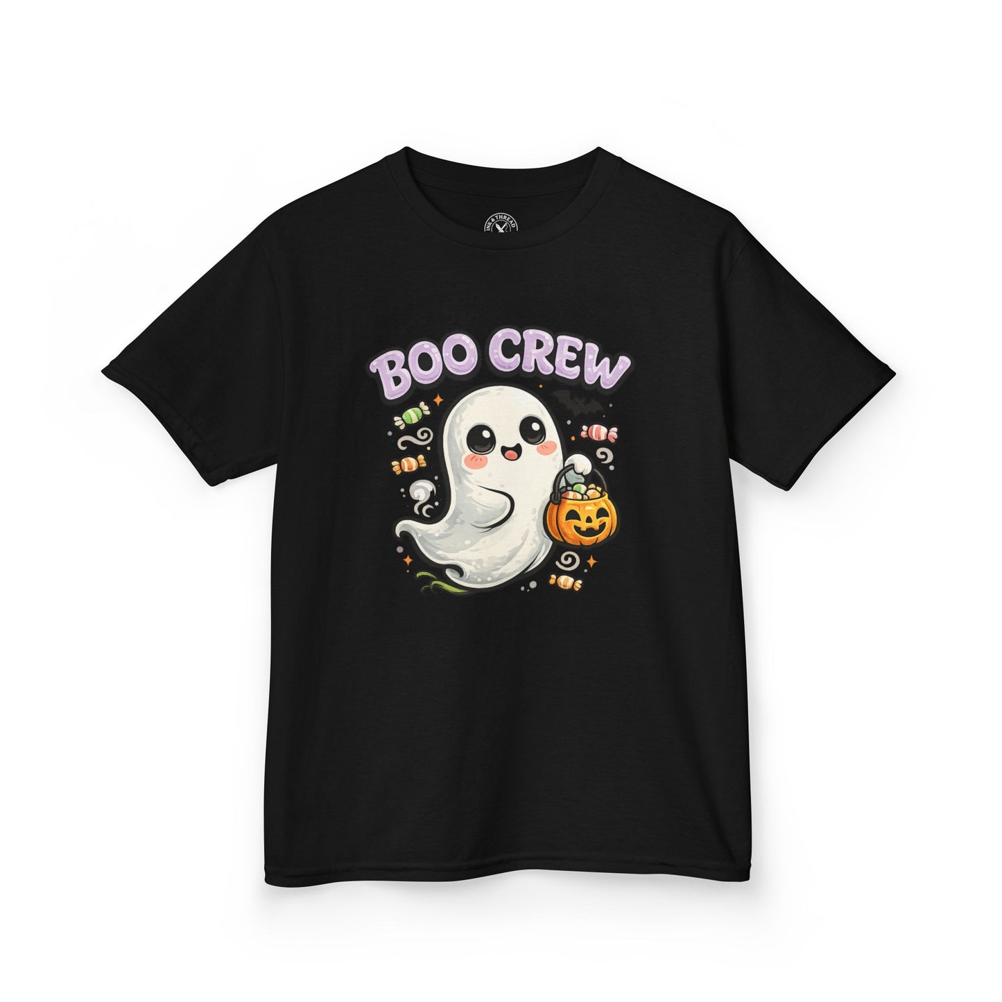 Boo Crew black graphic t-shirt with cute ghost holding pumpkin candy bucket Halloween design