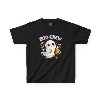 Boo Crew black kids graphic t-shirt with cute ghost carrying pumpkin candy bucket Halloween design