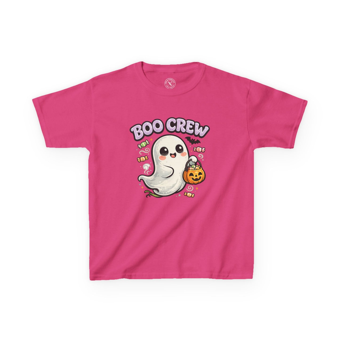 Boo Crew hot pink kids graphic t-shirt with cute ghost carrying pumpkin candy bucket Halloween design