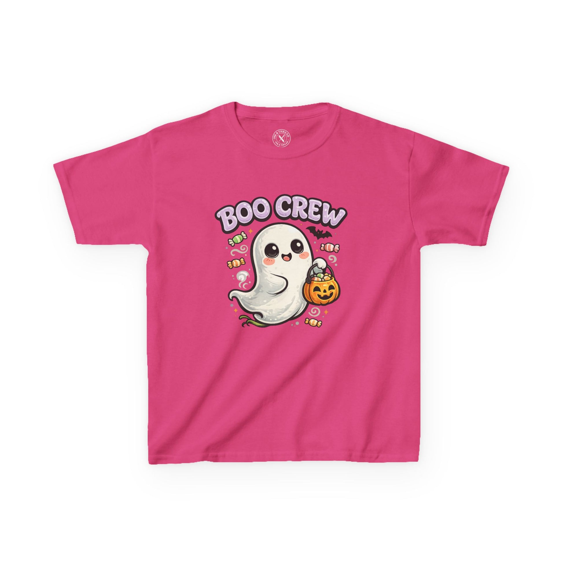 Boo Crew hot pink kids graphic t-shirt with cute ghost carrying pumpkin candy bucket Halloween design