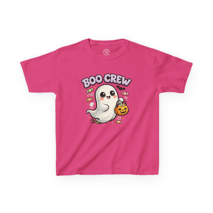 Boo Crew hot pink kids graphic t-shirt with cute ghost carrying pumpkin candy bucket Halloween design