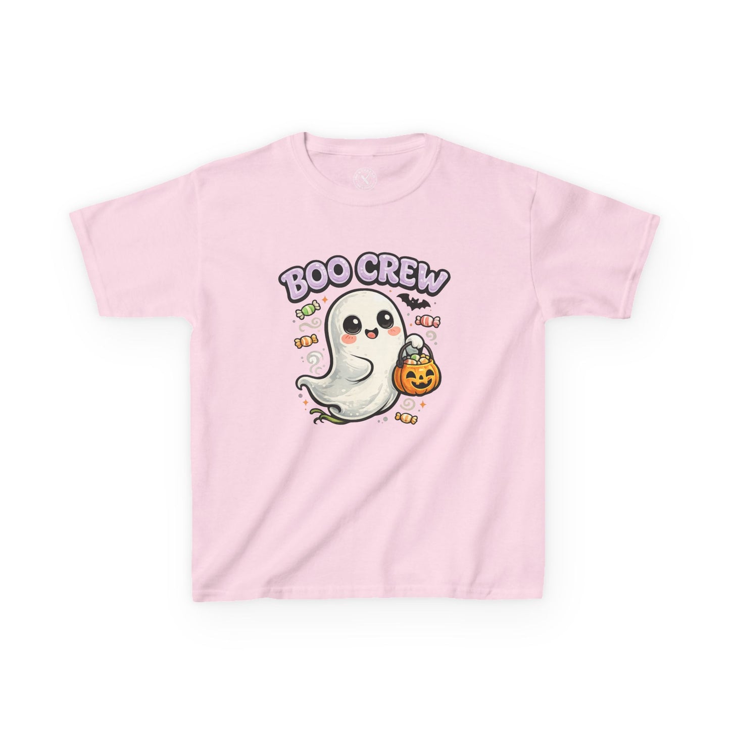 Boo Crew light pink kids graphic t-shirt with cute ghost carrying pumpkin candy bucket Halloween design