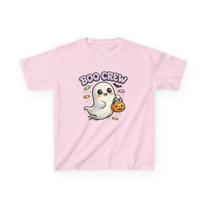 Boo Crew light pink kids graphic t-shirt with cute ghost carrying pumpkin candy bucket Halloween design