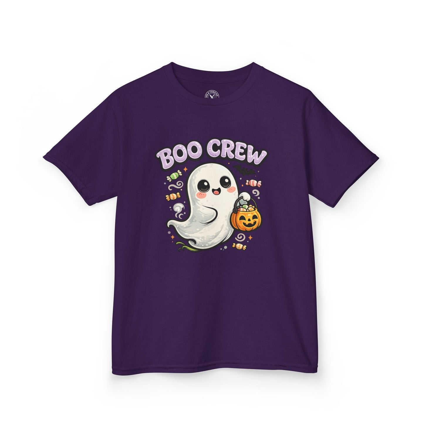 Boo Crew purple graphic t-shirt with cute ghost holding pumpkin candy bucket Halloween design