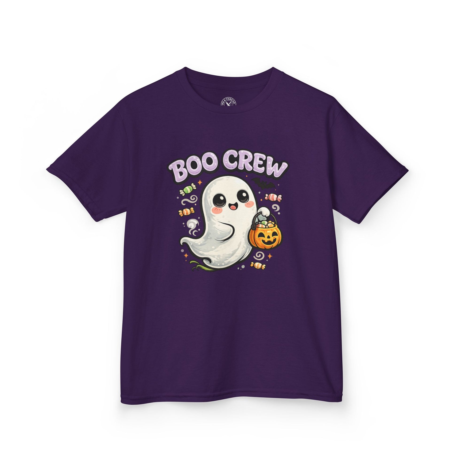 Boo Crew purple graphic t-shirt with cute ghost holding pumpkin candy bucket Halloween design