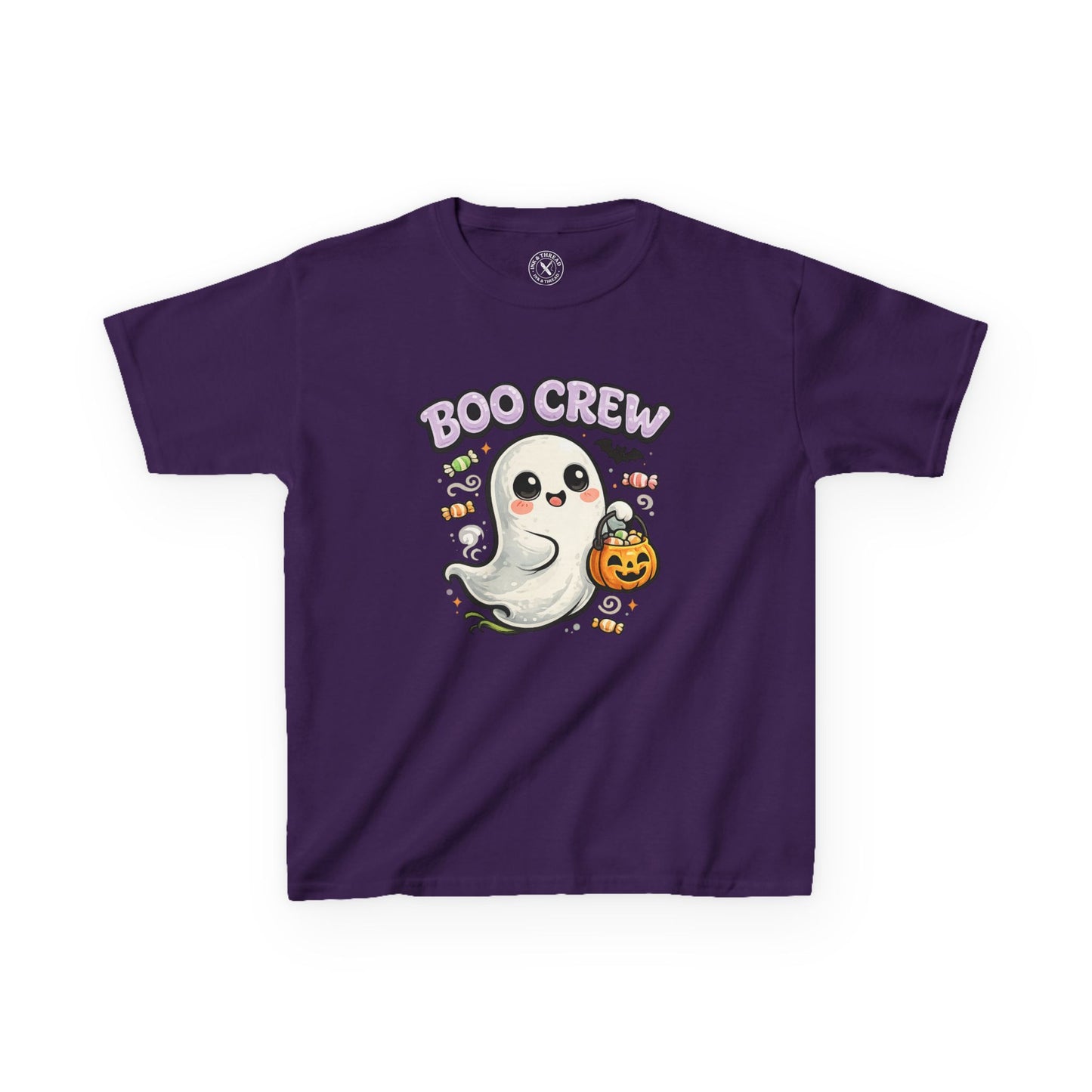 Boo Crew purple kids graphic t-shirt with cute ghost carrying pumpkin candy bucket Halloween design