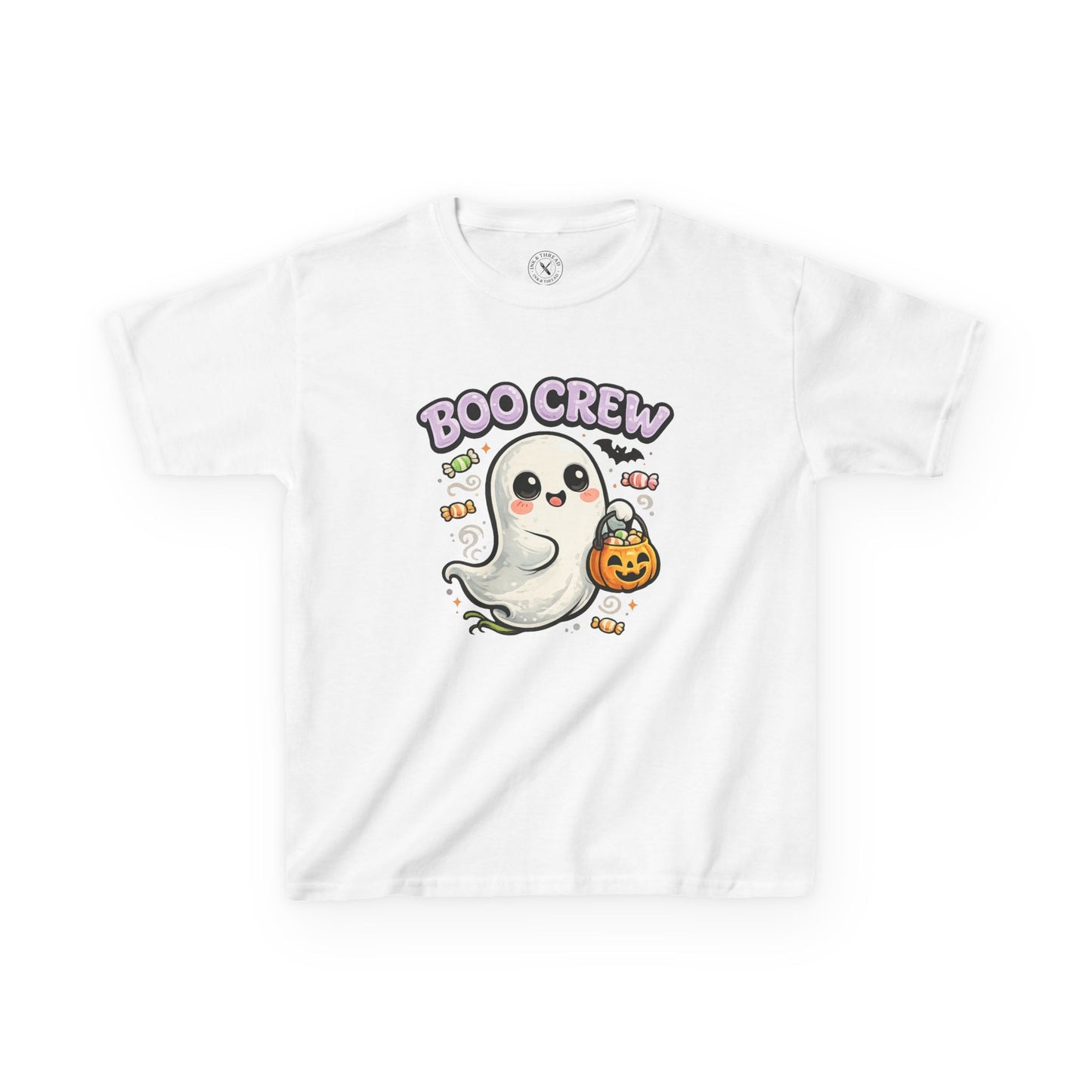 Boo Crew white kids graphic t-shirt with cute ghost carrying pumpkin candy bucket Halloween design