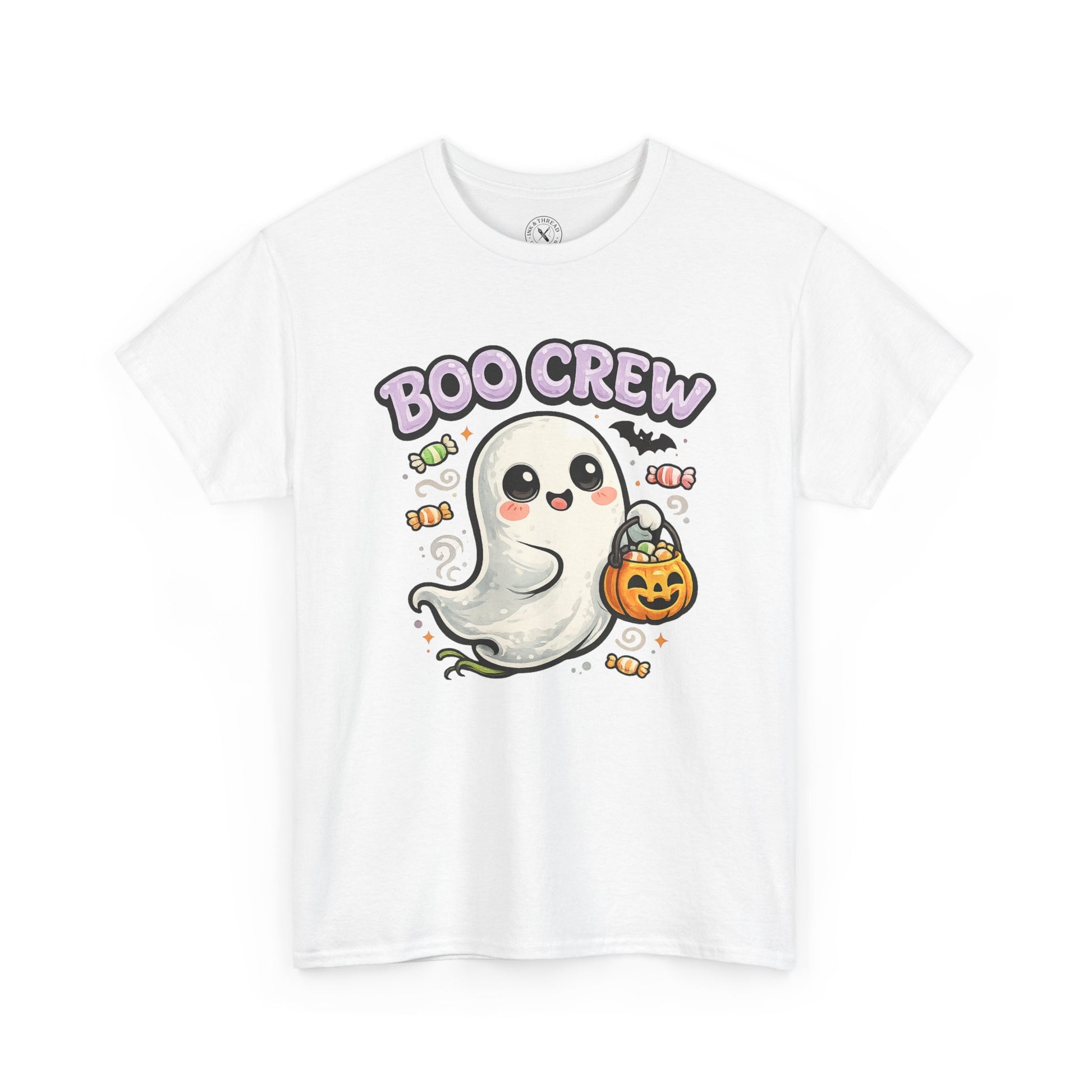 Boo Crew Halloween Ghost T-Shirt in White - Flat Lay with Pumpkin Bucket Design