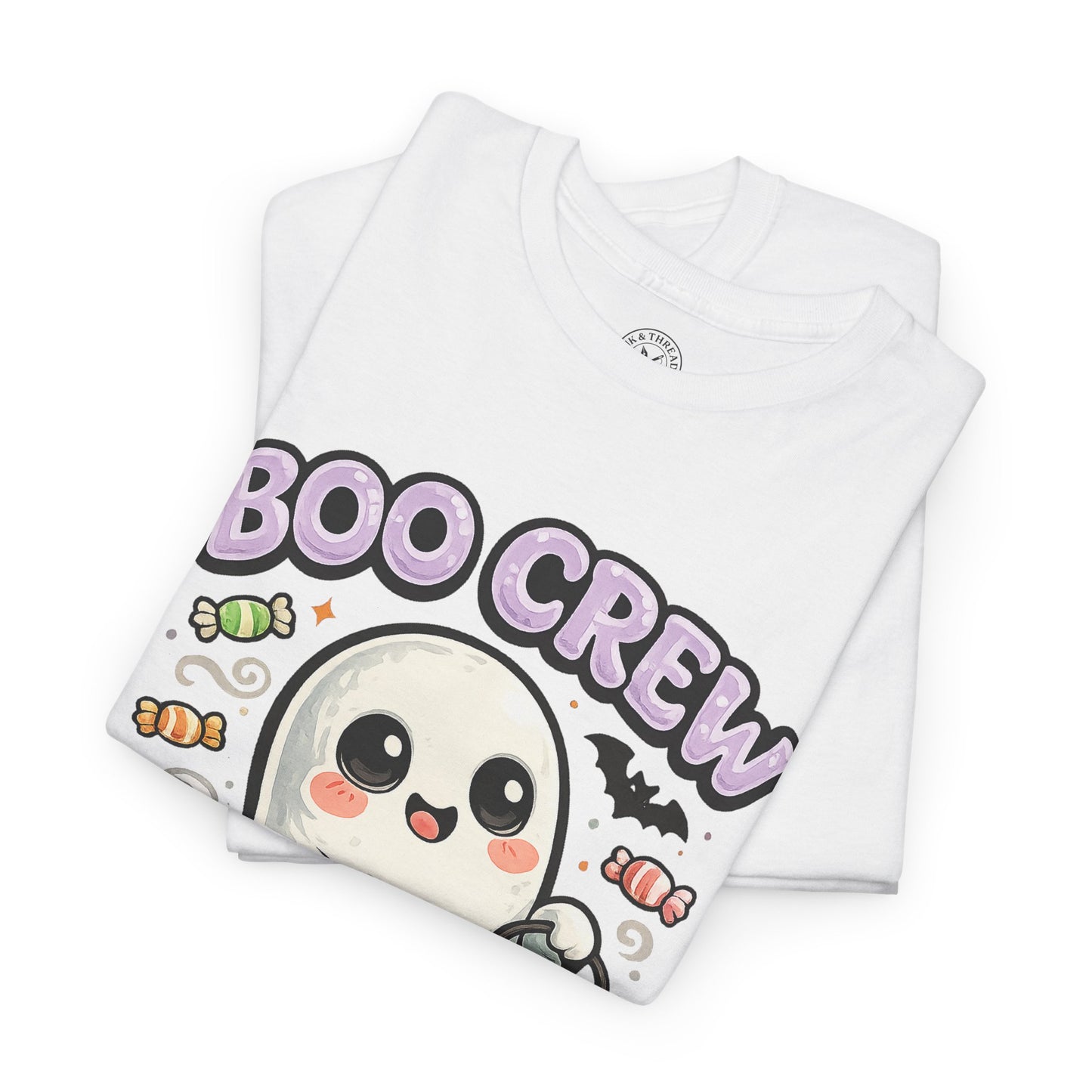 Boo Crew Halloween Ghost T-Shirt in White - Folded View with Cute Ghost and Candy Design