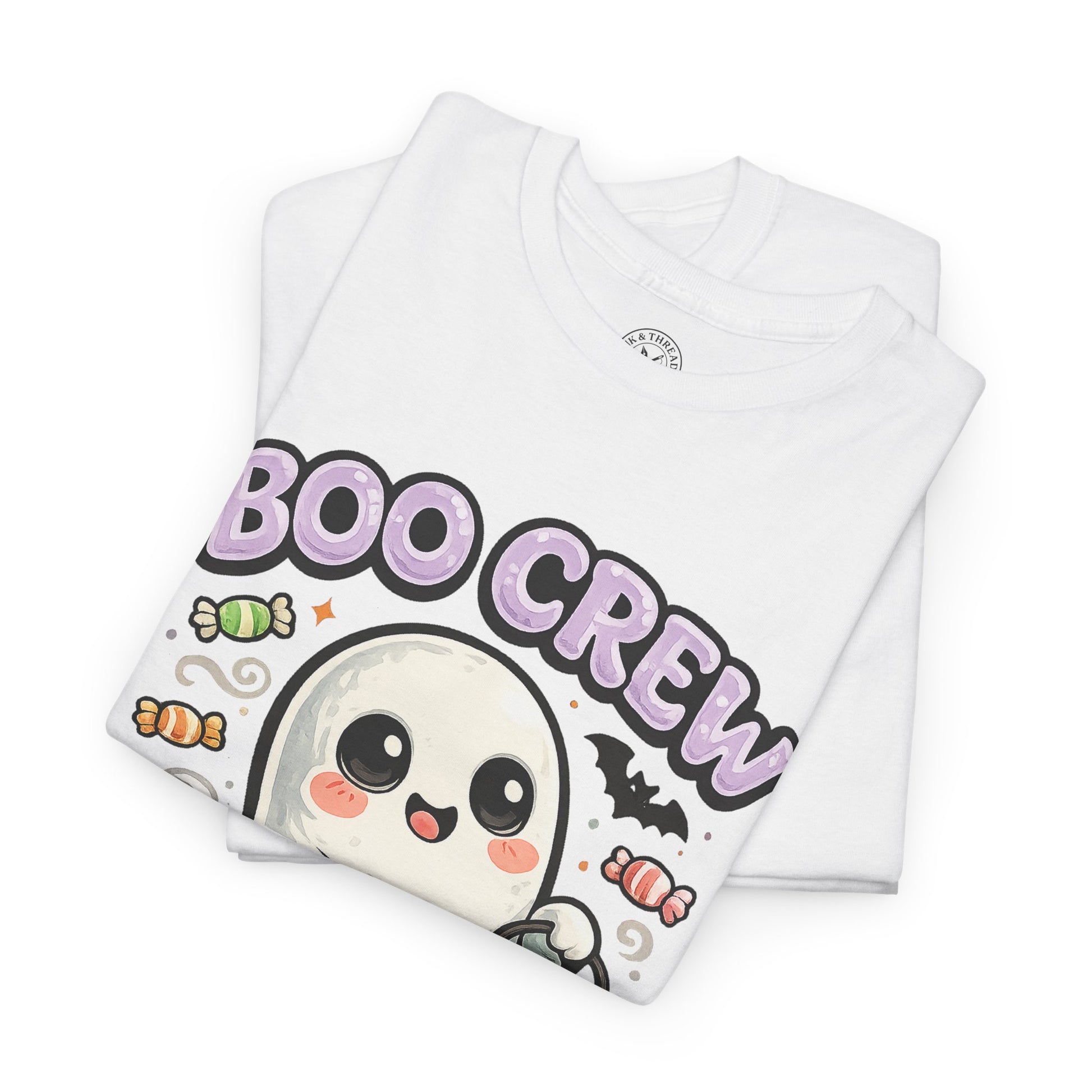 Boo Crew Halloween Ghost T-Shirt in White - Folded View with Cute Ghost and Candy Design