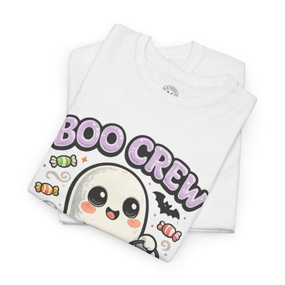 Boo Crew Halloween Ghost T-Shirt in White - Folded View with Cute Ghost and Candy Design