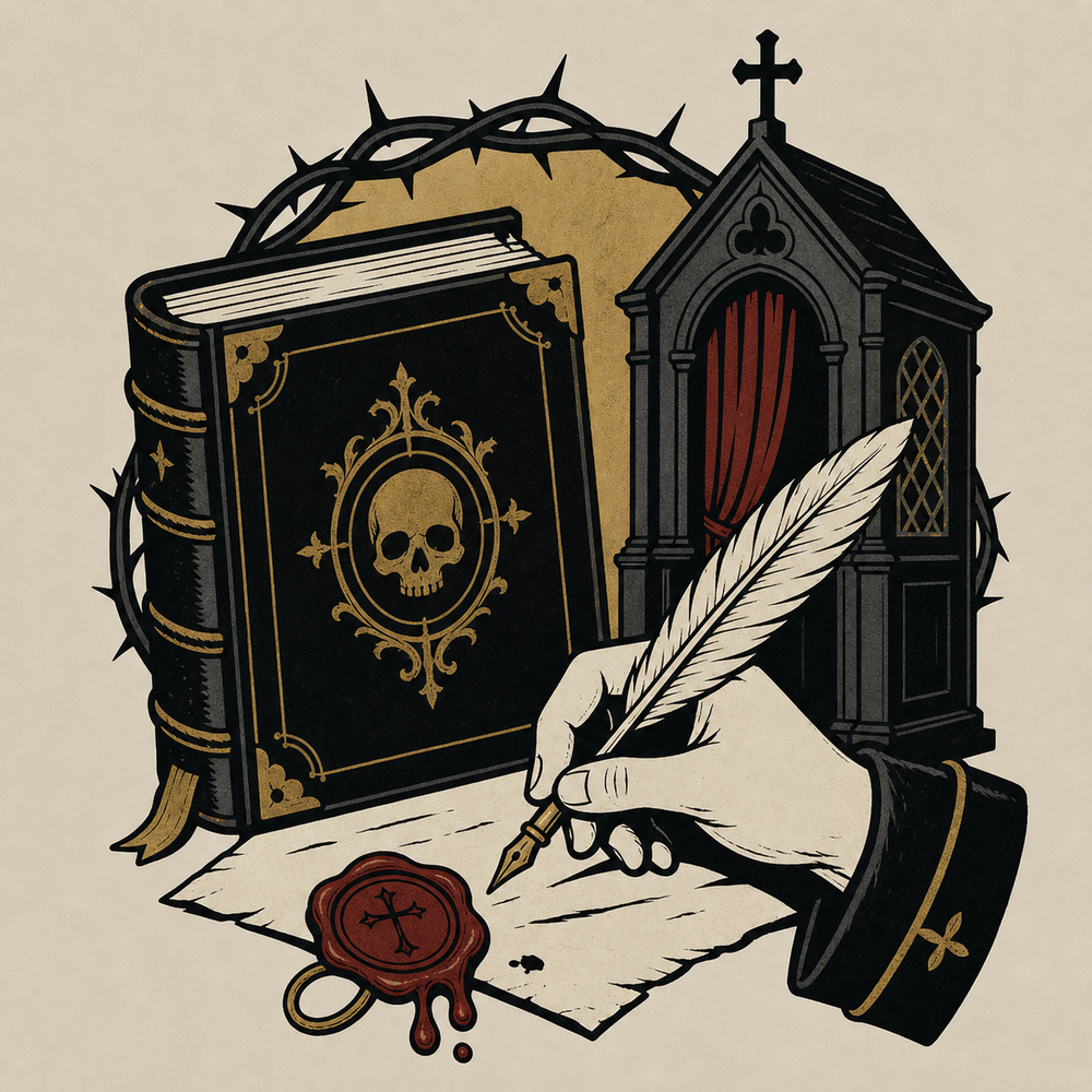 Flat black book, scribe hand, wax mark and confession symbols.