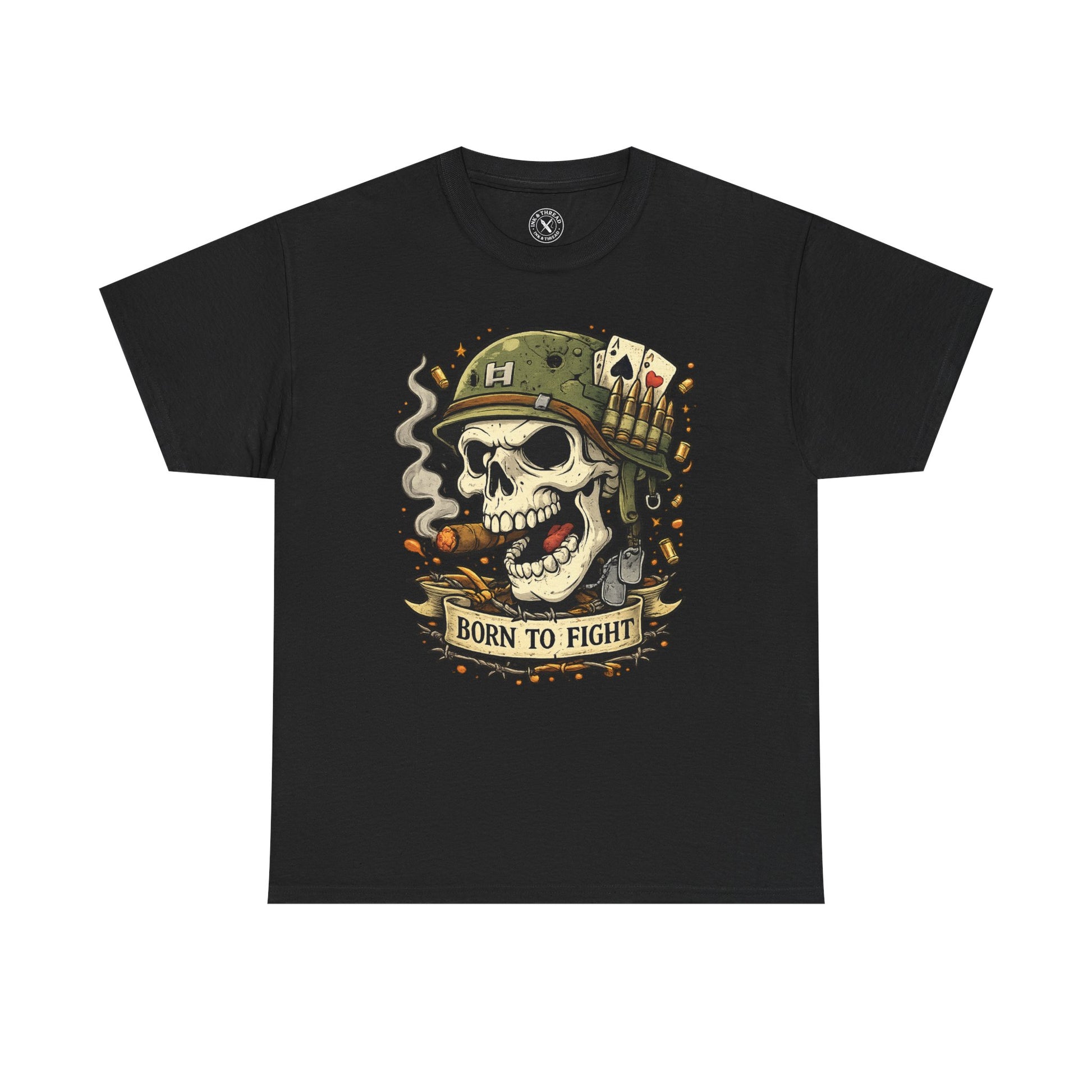 Black Born to Fight graphic t-shirt featuring a skull soldier with playing cards design by Ink & Thread UK