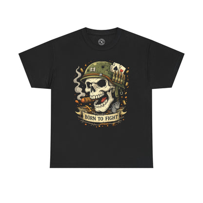 Black Born to Fight graphic t-shirt featuring a skull soldier with playing cards design by Ink & Thread UK