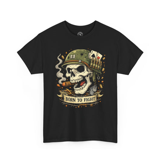 Black oversized Born to Fight graphic t-shirt featuring a skull soldier with playing cards design by Ink & Thread UK