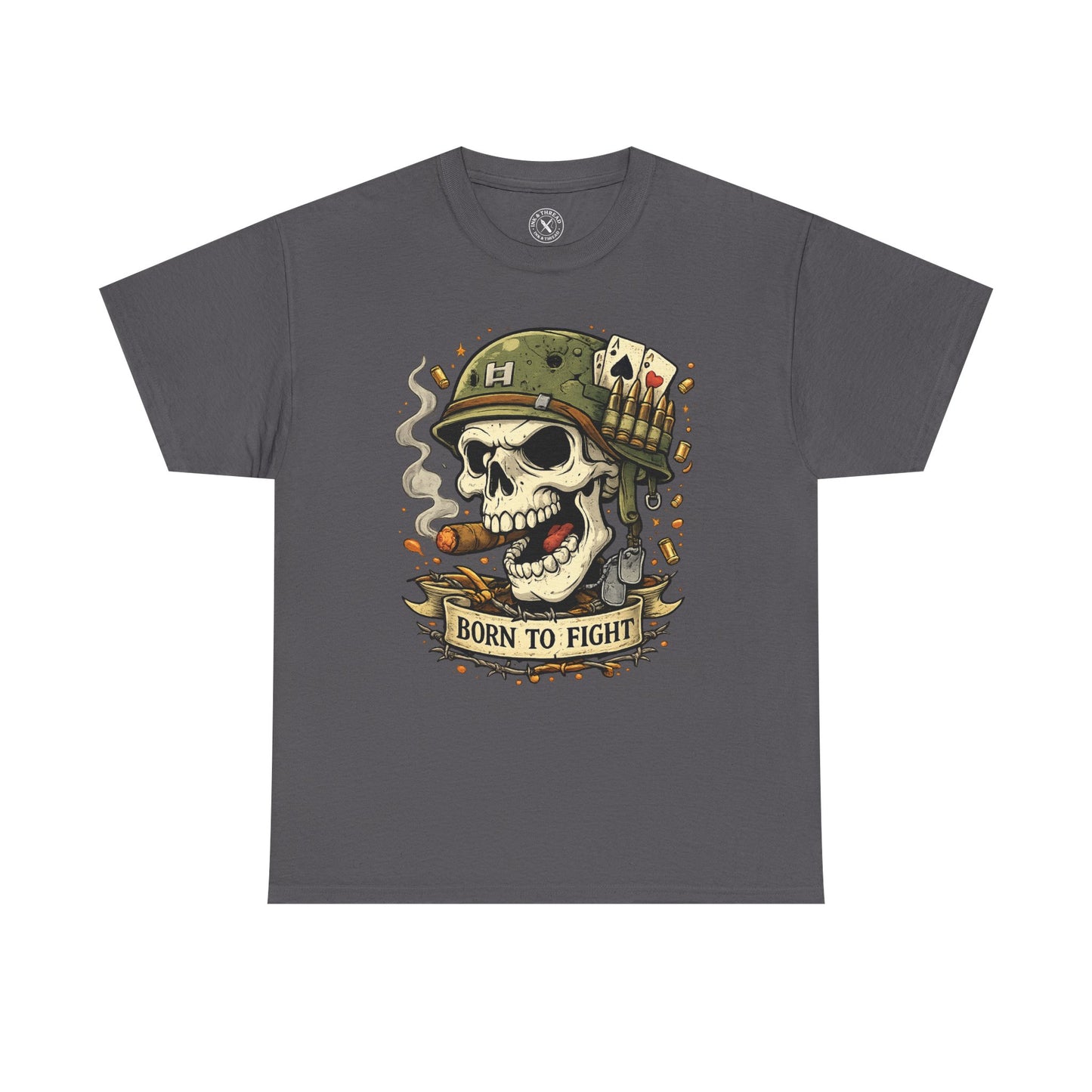 Charcoal grey Born to Fight graphic t-shirt featuring a skull soldier with playing cards design by Ink & Thread UK