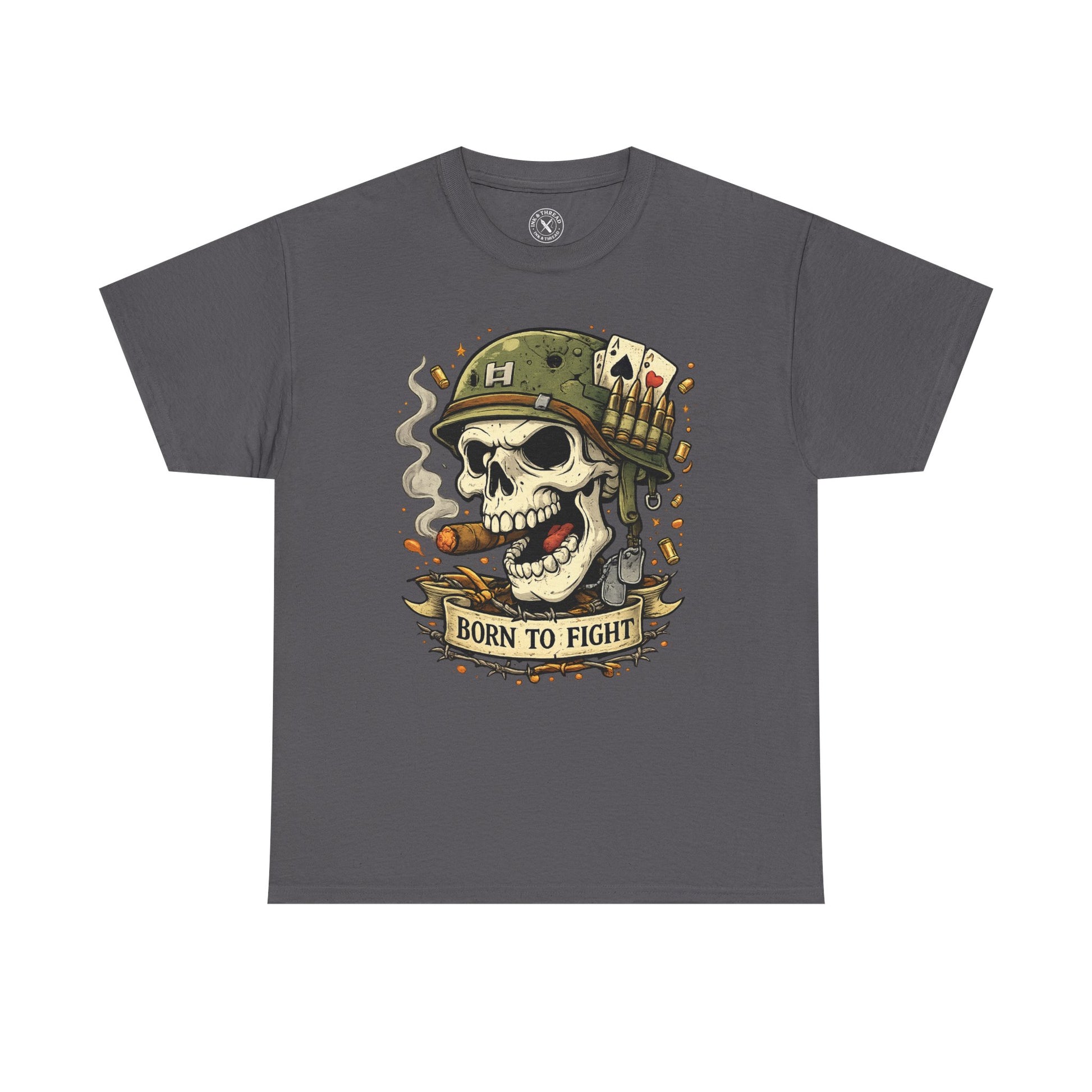 Charcoal grey Born to Fight graphic t-shirt featuring a skull soldier with playing cards design by Ink & Thread UK