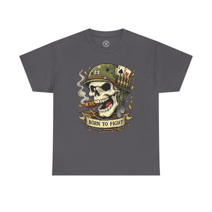 Charcoal grey Born to Fight graphic t-shirt featuring a skull soldier with playing cards design by Ink & Thread UK