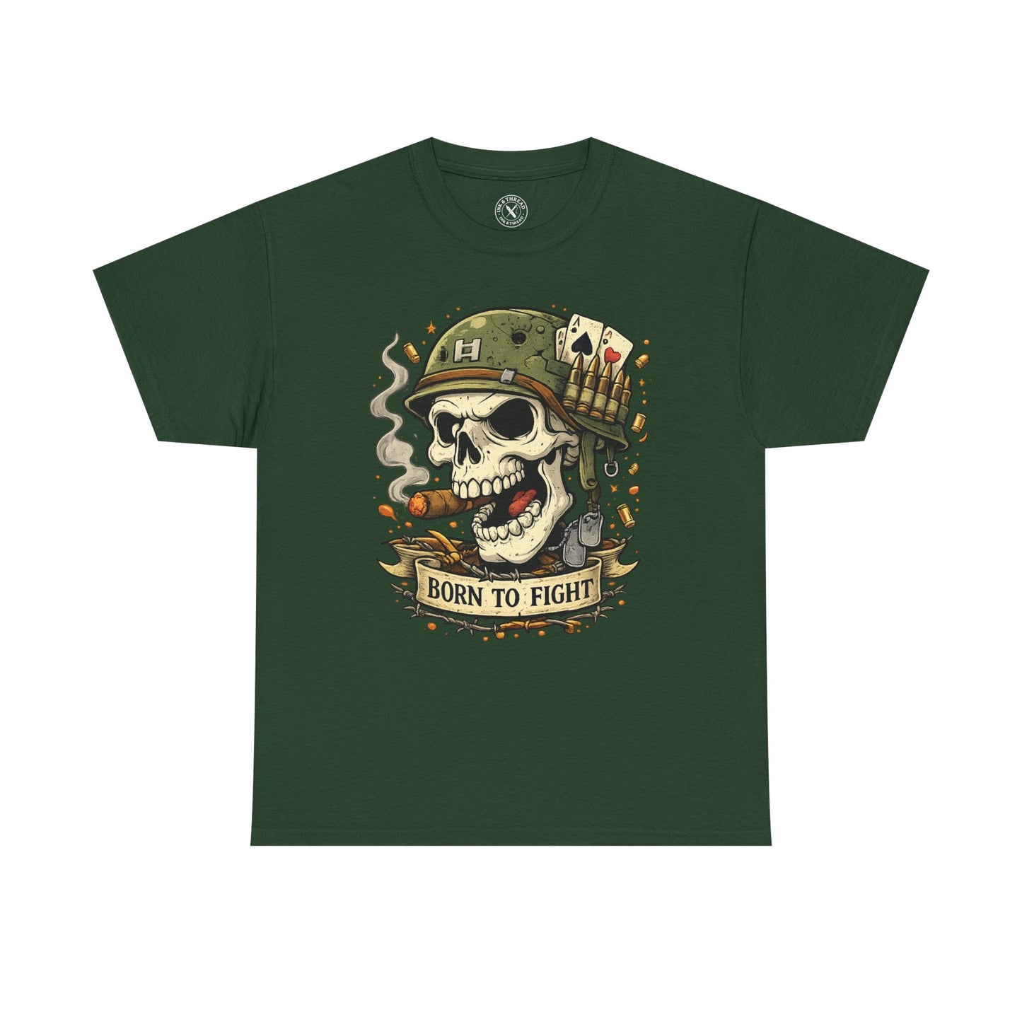 Forest green Born to Fight graphic t-shirt featuring a skull soldier with playing cards design by Ink & Thread UK