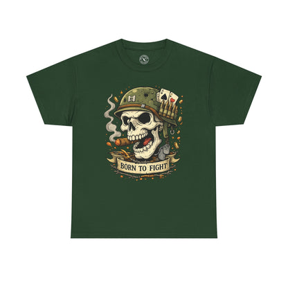 Forest green Born to Fight graphic t-shirt featuring a skull soldier with playing cards design by Ink & Thread UK
