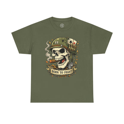 Olive green Born to Fight graphic t-shirt featuring a skull soldier with playing cards design by Ink & Thread UK