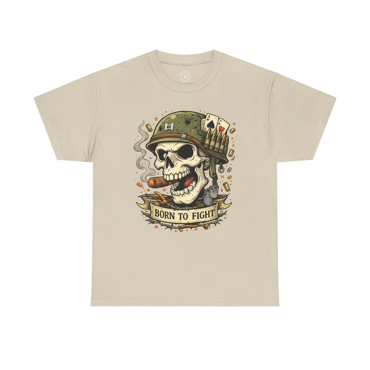 Sand beige Born to Fight graphic t-shirt featuring a skull soldier with playing cards design by Ink & Thread UK
