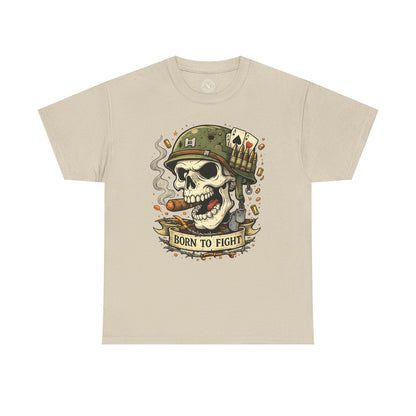 Sand beige Born to Fight graphic t-shirt featuring a skull soldier with playing cards design by Ink & Thread UK