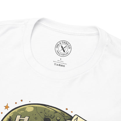 Close-up of Ink & Thread UK branded neck label on Born to Fight t-shirt showing quality branding and care instructions