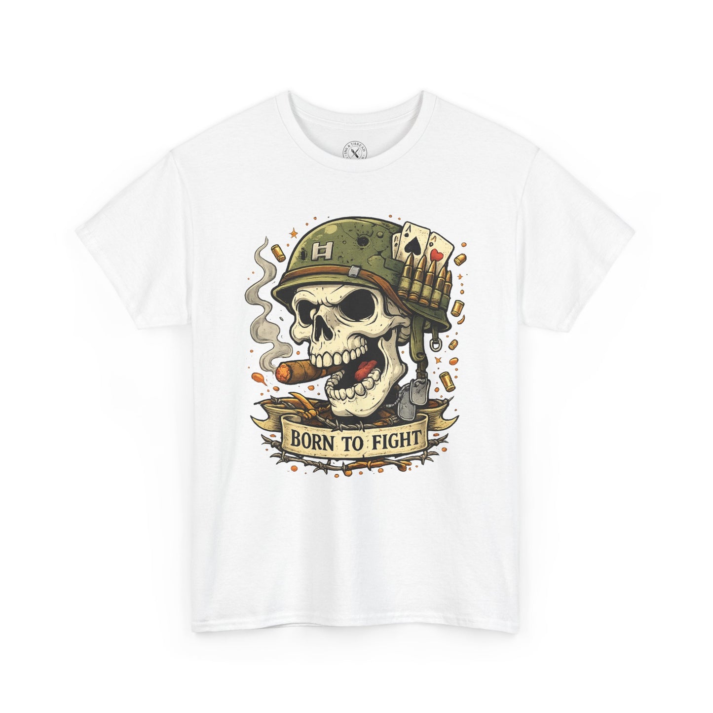 White Born to Fight graphic t-shirt featuring a skull soldier with playing cards design by Ink & Thread UK
