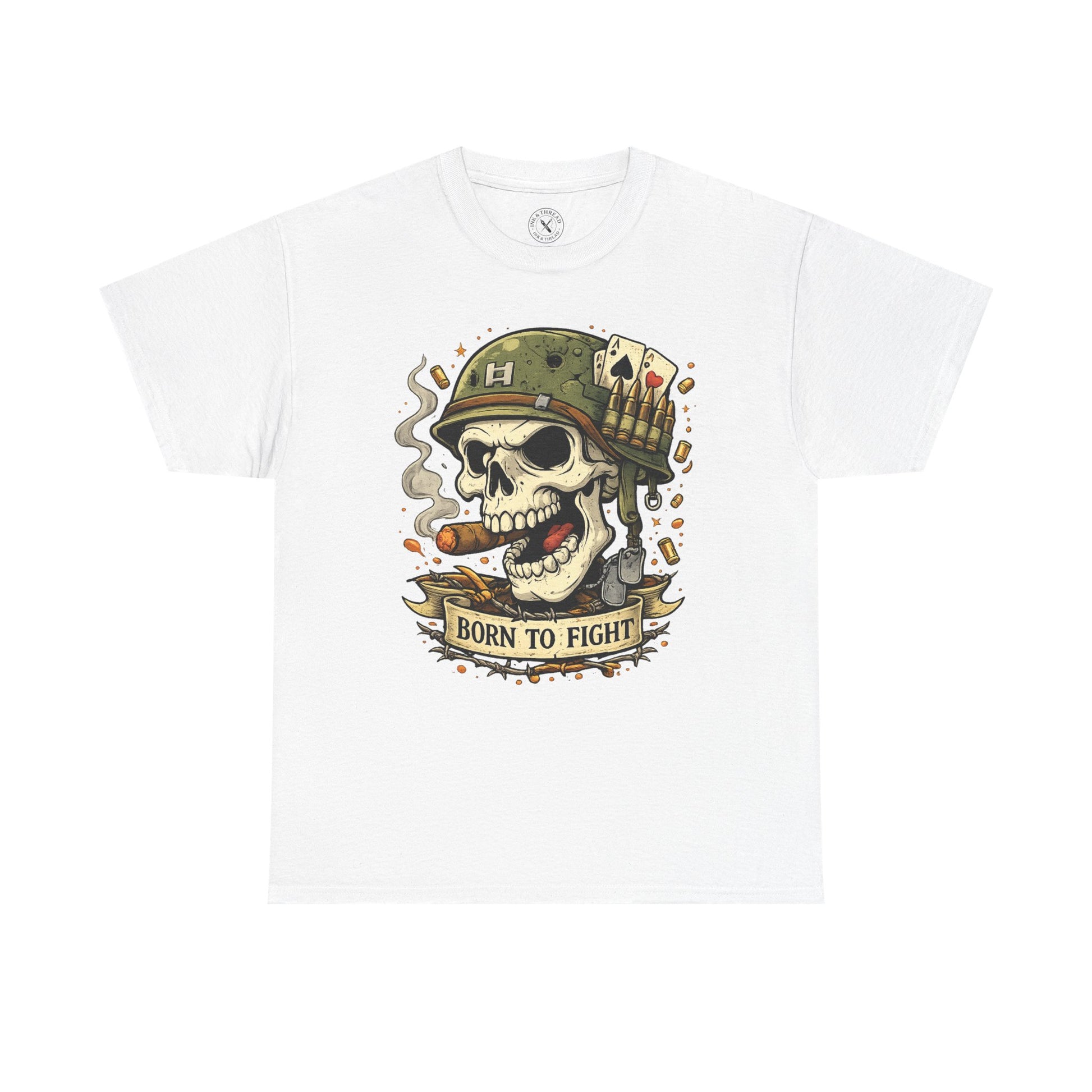 White oversized Born to Fight graphic t-shirt featuring a skull soldier with playing cards design by Ink & Thread UK