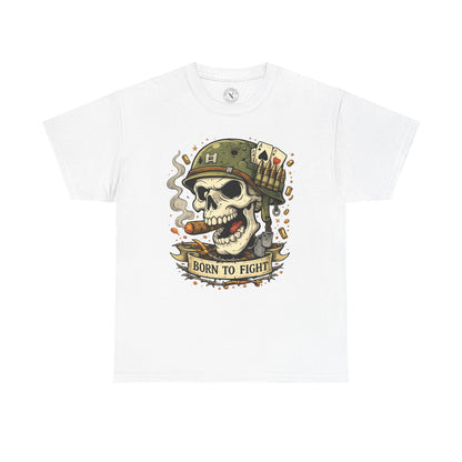 White oversized Born to Fight graphic t-shirt featuring a skull soldier with playing cards design by Ink & Thread UK