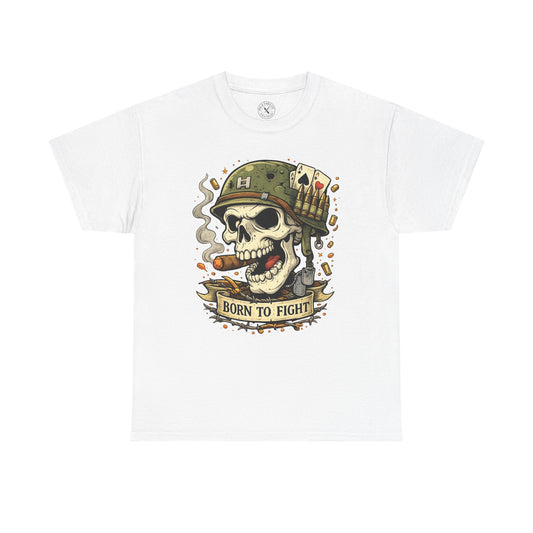 White oversized Born to Fight graphic t-shirt featuring a skull soldier with playing cards design by Ink & Thread UK
