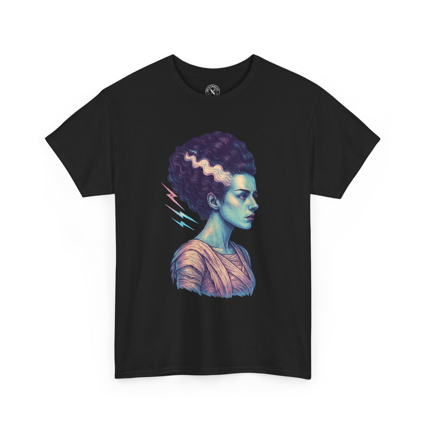 Bride of Frankenstein black graphic t-shirt featuring gothic illustration of monster bride with lightning bolts