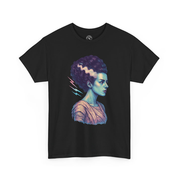Bride of Frankenstein black graphic t-shirt featuring gothic illustration of monster bride with lightning bolts